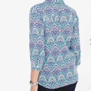 1 L Chico's No Iron Linen Woman Shirt Blue Purple Paisley 3/4 Sleeve Button Up